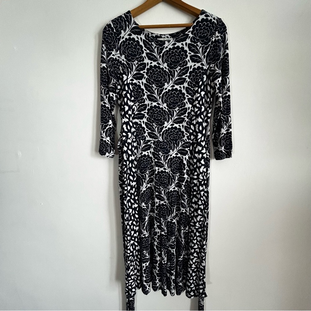 Boden Women's Jersey Midi Dress Size 8R Blue White Floral Long Sleeves Belted